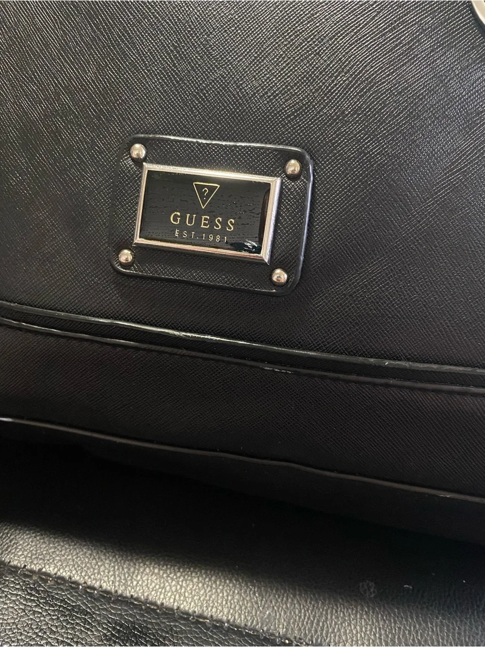 Guess Black Saffiano Tote Bag with Logo Charm